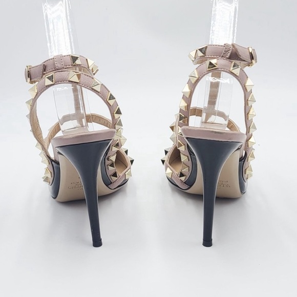 VALENTINO ROCKSTUD 100 Pumps Gold Studded Slingback Heels Nude Black. Size 37 🔥 - Picture 6 of 10
